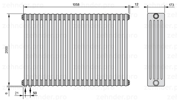 Схема (чертеж) Радиатор Zehnder Charleston 5200/23 №3370 Белый глянцевый RAL 9016